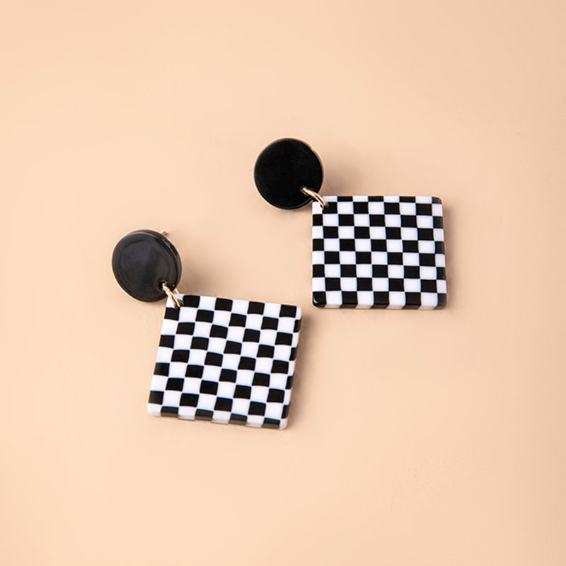 Chequered Print Square Acrylic Pendant Drop Earrings For Women