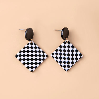 Chequered Print Square Acrylic Pendant Drop Earrings For Women